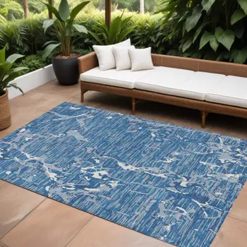 8' X 10' Blue Gray And Ivory Striped Washable Indoor Outdoor Area Rug