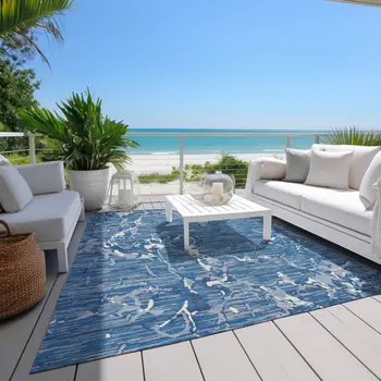 8' X 10' Blue Gray And Ivory Striped Washable Indoor Outdoor Area Rug