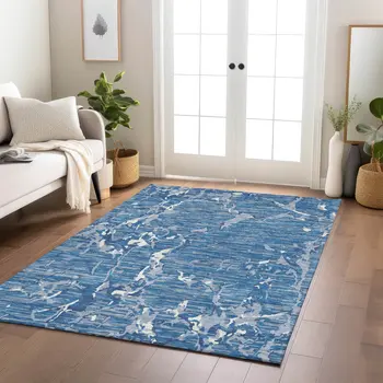9' X 12' Blue Gray And Ivory Striped Washable Indoor Outdoor Area Rug