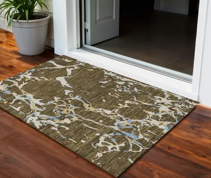 3' X 5' Coffee Blue And Ivory Striped Washable Indoor Outdoor Area Rug
