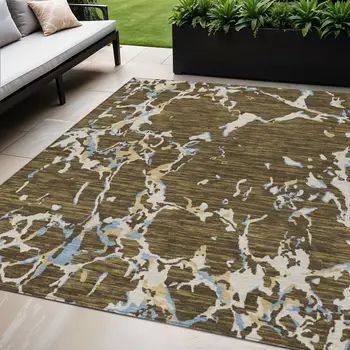5' X 8' Coffee Blue And Ivory Striped Washable Indoor Outdoor Area Rug