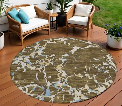 8' Coffee Blue And Ivory Round Striped Washable Indoor Outdoor Area Rug