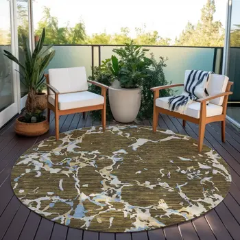 8' Coffee Blue And Ivory Round Striped Washable Indoor Outdoor Area Rug