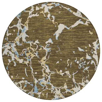 8' Coffee Blue And Ivory Round Striped Washable Indoor Outdoor Area Rug