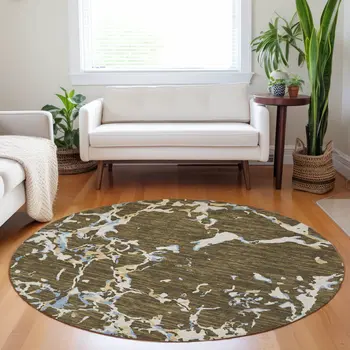 8' Coffee Blue And Ivory Round Striped Washable Indoor Outdoor Area Rug