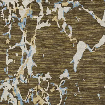8' X 10' Coffee Blue And Ivory Striped Washable Indoor Outdoor Area Rug