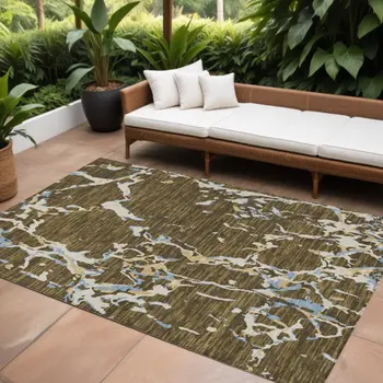 9' X 12' Coffee Blue And Ivory Striped Washable Indoor Outdoor Area Rug
