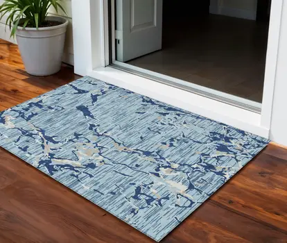 3' X 5' Denim Blue Dark Blue And Ivory Striped Washable Indoor Outdoor Area Rug