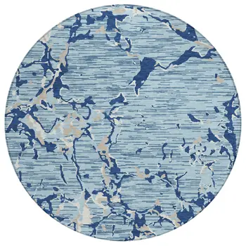 8' Denim Blue Dark Blue And Ivory Round Striped Washable Indoor Outdoor Area Rug
