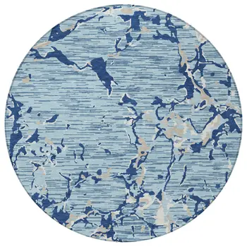 8' Denim Blue Dark Blue And Ivory Round Striped Washable Indoor Outdoor Area Rug