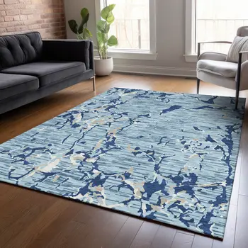 9' X 12' Denim Blue Dark Blue And Ivory Striped Washable Indoor Outdoor Area Rug