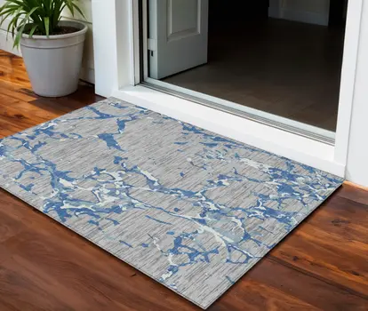 3' X 5' Gray Blue And Ivory Striped Washable Indoor Outdoor Area Rug