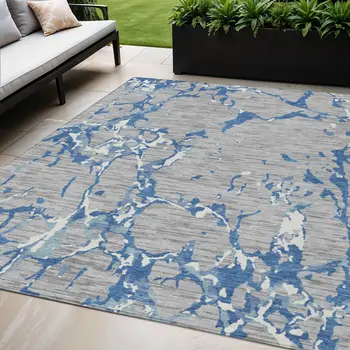 5' X 8' Gray Blue And Ivory Striped Washable Indoor Outdoor Area Rug