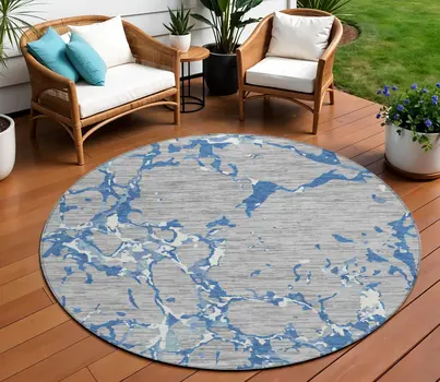 8' Gray Blue And Ivory Round Striped Washable Indoor Outdoor Area Rug