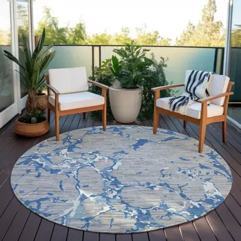 8' Gray Blue And Ivory Round Striped Washable Indoor Outdoor Area Rug