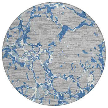 8' Gray Blue And Ivory Round Striped Washable Indoor Outdoor Area Rug
