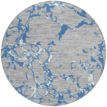 8' Gray Blue And Ivory Round Striped Washable Indoor Outdoor Area Rug