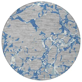 8' Gray Blue And Ivory Round Striped Washable Indoor Outdoor Area Rug