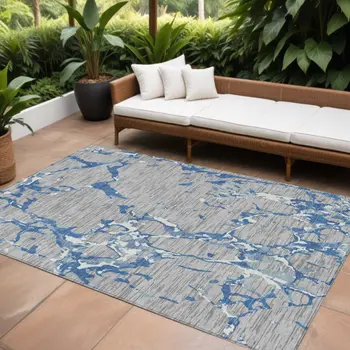 10' X 14' Gray Blue And Ivory Striped Washable Indoor Outdoor Area Rug