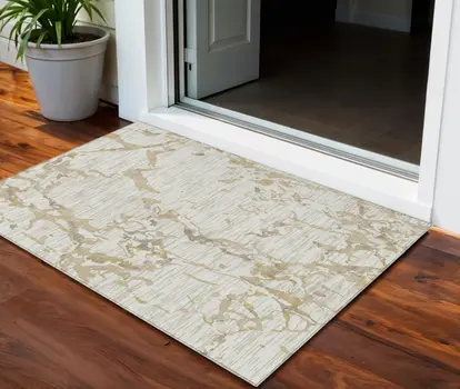 3' X 5' Ivory And Beige Striped Washable Indoor Outdoor Area Rug