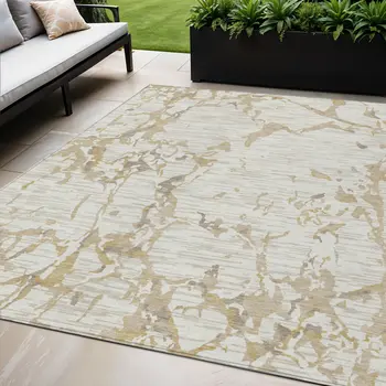 5' X 8' Ivory And Beige Striped Washable Indoor Outdoor Area Rug