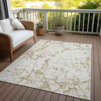 9' X 12' Ivory And Beige Striped Washable Indoor Outdoor Area Rug