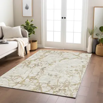 10' X 14' Ivory And Beige Striped Washable Indoor Outdoor Area Rug