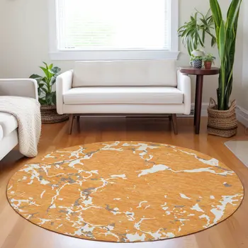 8' Orange Brown And Ivory Round Striped Washable Indoor Outdoor Area Rug