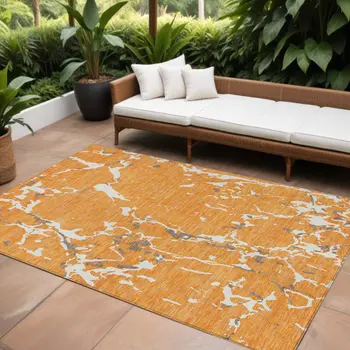 9' X 12' Orange Brown And Ivory Striped Washable Indoor Outdoor Area Rug