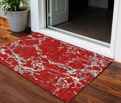 3' X 5' Red Ivory And Gray Striped Washable Indoor Outdoor Area Rug