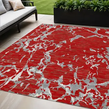 5' X 8' Red Ivory And Gray Striped Washable Indoor Outdoor Area Rug