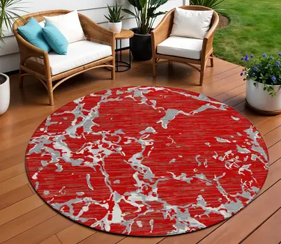 8' Red Ivory And Gray Round Striped Washable Indoor Outdoor Area Rug