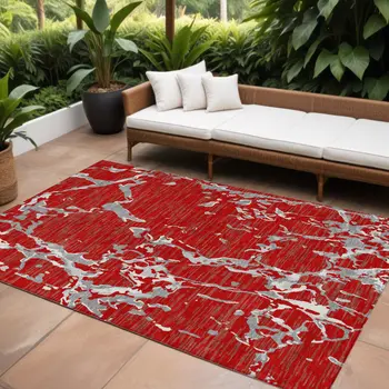 8' X 10' Red Ivory And Gray Striped Washable Indoor Outdoor Area Rug