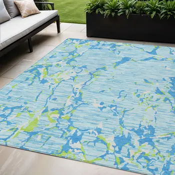 5' X 8' Sky Blue Green And Ivory Striped Washable Indoor Outdoor Area Rug