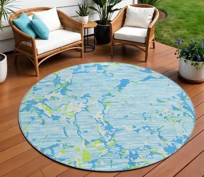 8' Sky Blue Green And Ivory Round Striped Washable Indoor Outdoor Area Rug