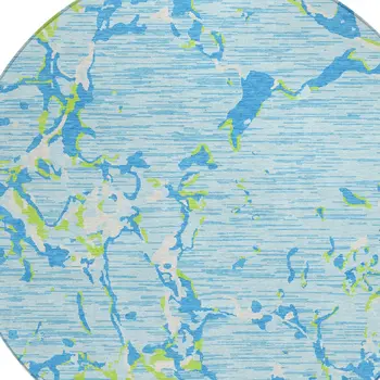 8' Sky Blue Green And Ivory Round Striped Washable Indoor Outdoor Area Rug