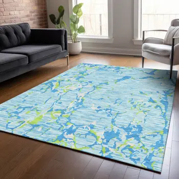 10' X 14' Sky Blue Green And Ivory Striped Washable Indoor Outdoor Area Rug