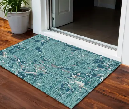 3' X 5' Teal Blue Gray And Ivory Striped Washable Indoor Outdoor Area Rug