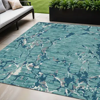 5' X 8' Teal Blue Gray And Ivory Striped Washable Indoor Outdoor Area Rug