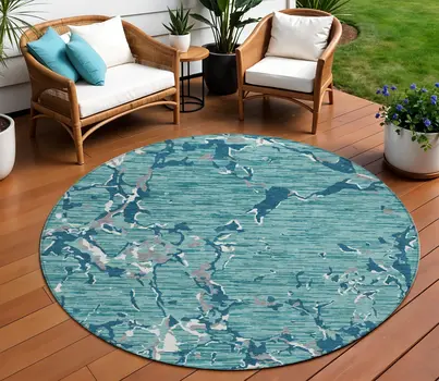 8' Teal Blue Gray And Ivory Round Striped Washable Indoor Outdoor Area Rug