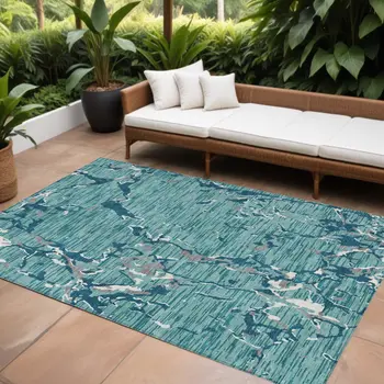 9' X 12' Teal Blue Gray And Ivory Striped Washable Indoor Outdoor Area Rug