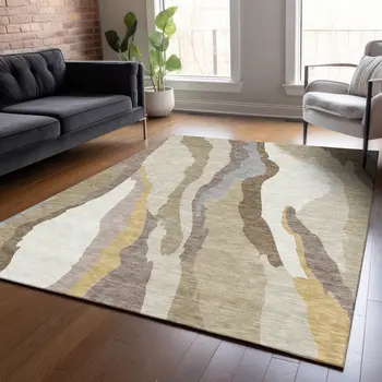 5' X 8' Beige Brown And Gray Abstract Washable Indoor Outdoor Area Rug