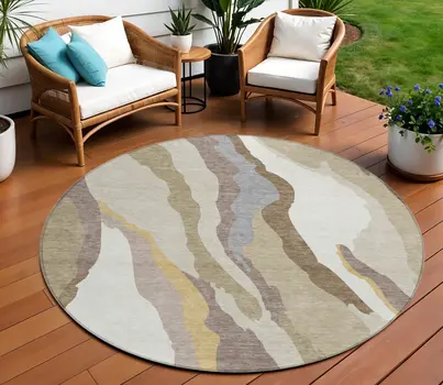 8' Beige Brown And Gray Round Abstract Washable Indoor Outdoor Area Rug