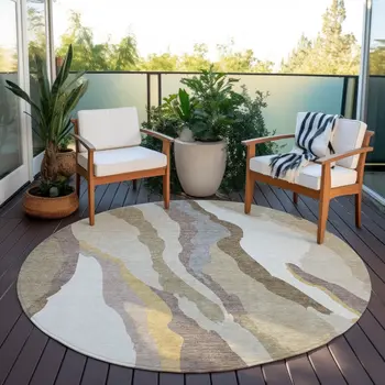 8' Beige Brown And Gray Round Abstract Washable Indoor Outdoor Area Rug