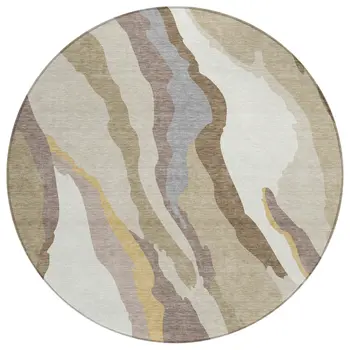 8' Beige Brown And Gray Round Abstract Washable Indoor Outdoor Area Rug