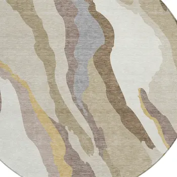 8' Beige Brown And Gray Round Abstract Washable Indoor Outdoor Area Rug