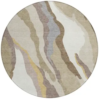 8' Beige Brown And Gray Round Abstract Washable Indoor Outdoor Area Rug