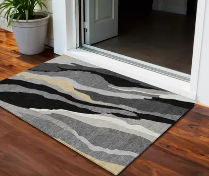 3' X 5' Black Gray And Tan Abstract Washable Indoor Outdoor Area Rug