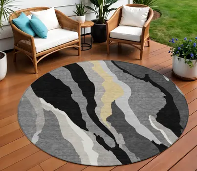 8' Black Gray And Tan Round Abstract Washable Indoor Outdoor Area Rug