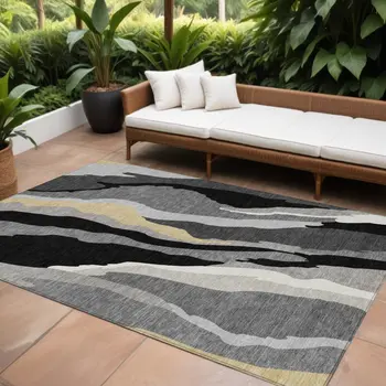 10' X 14' Black Gray And Tan Abstract Washable Indoor Outdoor Area Rug
